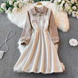 DERMEARNE New Spring Autunmn Long Sleeve Corduroy Dress Women Sweet Tie Bow Patchwork Shirt Dresses Female A Line  Large Hem Long Vestidos