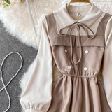 DERMEARNE New Spring Autunmn Long Sleeve Corduroy Dress Women Sweet Tie Bow Patchwork Shirt Dresses Female A Line  Large Hem Long Vestidos