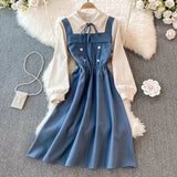 DERMEARNE New Spring Autunmn Long Sleeve Corduroy Dress Women Sweet Tie Bow Patchwork Shirt Dresses Female A Line  Large Hem Long Vestidos