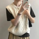 DERMEARNE New Spring Fall Knit Vest Fried Dough Twists Sweater Vest for Women Autumn Loose Folded Sleeveless Sweater Waistcoat