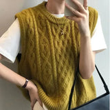 DERMEARNE New Spring Fall Knit Vest Fried Dough Twists Sweater Vest for Women Autumn Loose Folded Sleeveless Sweater Waistcoat
