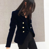 DERMEARNE New Spring Fashion Women Midnight Navy Slim Velvet Blazer Office Lady Double Breasted Suit Jacket Coat Female Party Clothes Gift