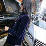 DERMEARNE New Spring Fashion Women Midnight Navy Slim Velvet Blazer Office Lady Double Breasted Suit Jacket Coat Female Party Clothes Gift