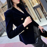 DERMEARNE New Spring Fashion Women Midnight Navy Slim Velvet Blazer Office Lady Double Breasted Suit Jacket Coat Female Party Clothes Gift