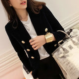 DERMEARNE New Spring Fashion Women Midnight Navy Slim Velvet Blazer Office Lady Double Breasted Suit Jacket Coat Female Party Clothes Gift