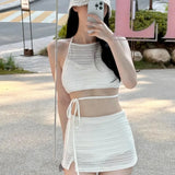DERMEARNE New Two Pieces Set Swimsuit Women White Swimwear Sexy High Neck Bikini High Waist Skirts Beach Wear Knitting Bathing Suit Korean