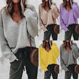DERMEARNE New Women's V-neck Long Sleeve Loose Sweater Autumn Winter Sweater Top Women's Fashion Solid Color Knitted Pullover Sweater