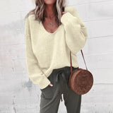 DERMEARNE New Women's V-neck Long Sleeve Loose Sweater Autumn Winter Sweater Top Women's Fashion Solid Color Knitted Pullover Sweater