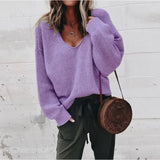 DERMEARNE New Women's V-neck Long Sleeve Loose Sweater Autumn Winter Sweater Top Women's Fashion Solid Color Knitted Pullover Sweater