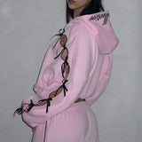 DERMEARNE New Y2K Streetwear Sportswear Two Piece Set Women Hip Hop Rock Bow Personalized Hoodie Harajuku Fashion Zipper Hoodie Sweatpants