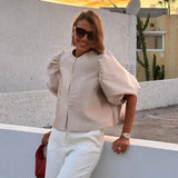 DERMEARNE O Neck Lantern Short Sleeve Women Top Loose Solid Female Blouse 2025 Fashion Elegant Office Spring Summer Casual Lady Shirts