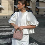 DERMEARNE O Neck Lantern Short Sleeve Women Top Loose Solid Female Blouse 2025 Fashion Elegant Office Spring Summer Casual Lady Shirts