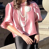 DERMEARNE O Neck Lantern Short Sleeve Women Top Loose Solid Female Blouse 2025 Fashion Elegant Office Spring Summer Casual Lady Shirts