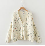 Kawaii Colorful Wheat Flowers Print Sweet V-Neck Cardigan Knitted Sweater 2024 Autumn Winter