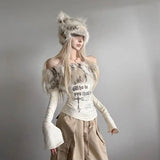 DERMEARNE Onalippa Hairy Patchwork Fur Collar Design Off Shoulder T-shirt Women New Retro Sexy Spicy Girl Slim Versatile Long Sleeved Top