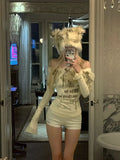 DERMEARNE Onalippa Hairy Patchwork Fur Collar Design Off Shoulder T-shirt Women New Retro Sexy Spicy Girl Slim Versatile Long Sleeved Top
