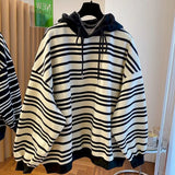 DERMEARNE Oversized Hoodies Women Fashion Stripe Design Hoodie Casual Loose Hooded Coats Spring Autumn Trendy Pullover Tops Y2k Clothes