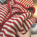 DERMEARNE Oversized Knitted Striped Hooded Cardigan Women Autumn Winter Loose Casual Zipper Sweaters Versatile Knitting Outerwear