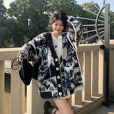 Dermearne Oversized Tie-dye Cardigan Sweater Women's Thickened Retro Casual V-neck Loose Knitted Jacket