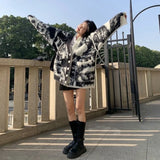 Dermearne Oversized Tie-dye Cardigan Sweater Women's Thickened Retro Casual V-neck Loose Knitted Jacket