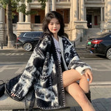 Dermearne Oversized Tie-dye Cardigan Sweater Women's Thickened Retro Casual V-neck Loose Knitted Jacket