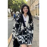 Dermearne Oversized Tie-dye Cardigan Sweater Women's Thickened Retro Casual V-neck Loose Knitted Jacket