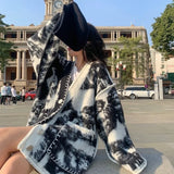 Dermearne Oversized Tie-dye Cardigan Sweater Women's Thickened Retro Casual V-neck Loose Knitted Jacket