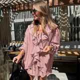 DERMEARNE Oymimi Fashion Pink Two Piece Set For Women Elegant Ruffled Lace-Up Long Sleeve Shirts And High Waisted Simple Shorts Female Set