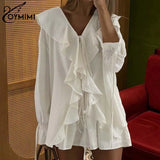 DERMEARNE Oymimi Fashion Pink Two Piece Set For Women Elegant Ruffled Lace-Up Long Sleeve Shirts And High Waisted Simple Shorts Female Set