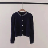 DERMEARNE Pearl Beading Sweater Women's Coat Autumn Winter 2025 New Korean Fashion O-Neck Long Sleeve Twists Knitted Cardigan Jacket Tops