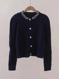 DERMEARNE Pearl Beading Sweater Women's Coat Autumn Winter 2025 New Korean Fashion O-Neck Long Sleeve Twists Knitted Cardigan Jacket Tops
