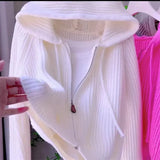 DERMEARNE Pink Hooded Knitted Cardigan For Women's Autumn New Loose And Stylish Design Striped Short Sweater Zipper Jacket White Overcoat