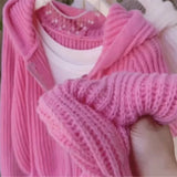 DERMEARNE Pink Hooded Knitted Cardigan For Women's Autumn New Loose And Stylish Design Striped Short Sweater Zipper Jacket White Overcoat