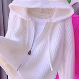 DERMEARNE Pink Hooded Knitted Cardigan For Women's Autumn New Loose And Stylish Design Striped Short Sweater Zipper Jacket White Overcoat
