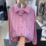 DERMEARNE Pink Striped Long Sleeve Blouse Spring New Polo Neck Korean Loose Youth All-match Trend Shirt Tops Casual Fashion Women Clothing