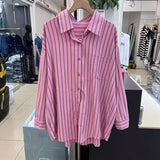 DERMEARNE Pink Striped Long Sleeve Blouse Spring New Polo Neck Korean Loose Youth All-match Trend Shirt Tops Casual Fashion Women Clothing