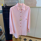 DERMEARNE Pink Trend Striped Loose Blouse Spring New Long Sleeve Polo Neck Korean All-match Shirt Tops Fashion High Street Women Clothing