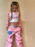 DERMEARNE Pink camouflage cartoon pattern straight Y2K jeans womens street hip hop design niche hot girl street wide leg baggy pants 2000s
