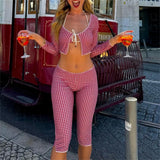 DERMEARNE Plaid Outfits Long Sleeve Tie Front Crop Tops + Low Waist Capris Pants Set Vintage Cottage Slilm Fit T-shirt Women Y2k Outfits