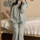 DERMEARNE Plaid Sleepwear Women Pajama Sets Autumn Korean Pants Sets 2 Pieces Piiama Square Collar Night Wears Long Sleeve Home Suit New