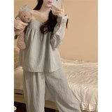 DERMEARNE Plaid Sleepwear Women Pajama Sets Autumn Korean Pants Sets 2 Pieces Piiama Square Collar Night Wears Long Sleeve Home Suit New