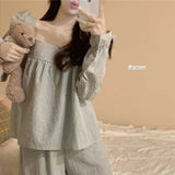 DERMEARNE Plaid Sleepwear Women Pajama Sets Autumn Korean Pants Sets 2 Pieces Piiama Square Collar Night Wears Long Sleeve Home Suit New