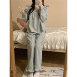 DERMEARNE Plaid Sleepwear Women Pajama Sets Autumn Korean Pants Sets 2 Pieces Piiama Square Collar Night Wears Long Sleeve Home Suit New