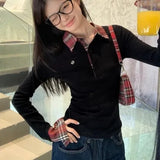 DERMEARNE Polo Neck Plaid Patchwork Embroidery T Shirts Spring Autumn Fake Two-piece Slim High Street Tops Fashion Casual Women Clothing