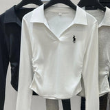 DERMEARNE Polo embroidered long sleeved base shirt for women, 2025 autumn and winter new slim fit and slimming top