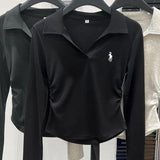 DERMEARNE Polo embroidered long sleeved base shirt for women, 2025 autumn and winter new slim fit and slimming top