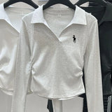 DERMEARNE Polo embroidered long sleeved base shirt for women, 2025 autumn and winter new slim fit and slimming top