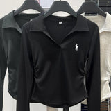 DERMEARNE Polo embroidered long sleeved base shirt for women, 2025 autumn and winter new slim fit and slimming top