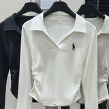 DERMEARNE Polo embroidered long sleeved base shirt for women, 2025 autumn and winter new slim fit and slimming top
