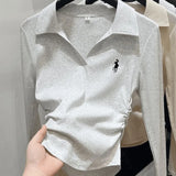 DERMEARNE Polo embroidered long sleeved base shirt for women, 2025 autumn and winter new slim fit and slimming top